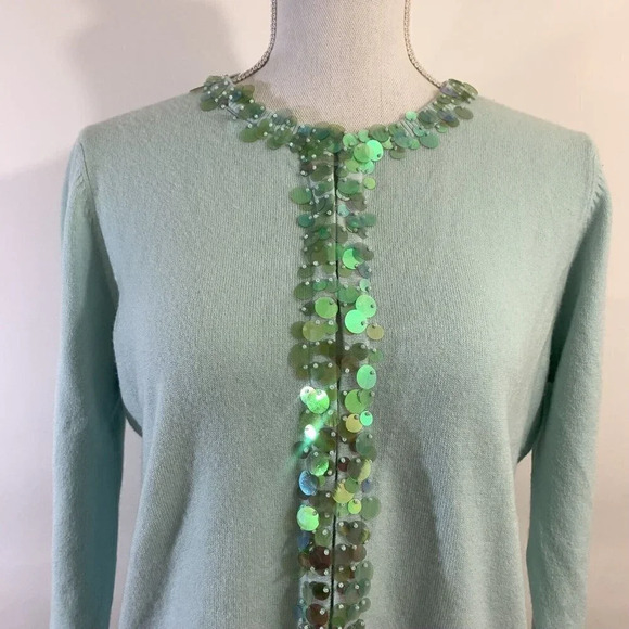 Y2K Blue Cardigan Sweater with Large Sequin Trim in Green Long Sleeve Size Small - Picture 2 of 10